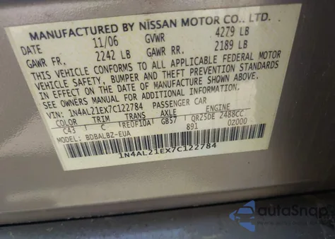 2007 Nissan Altima 2.5 S z USA, uszkodzony, nr VIN 1N4AL21EX7C122784